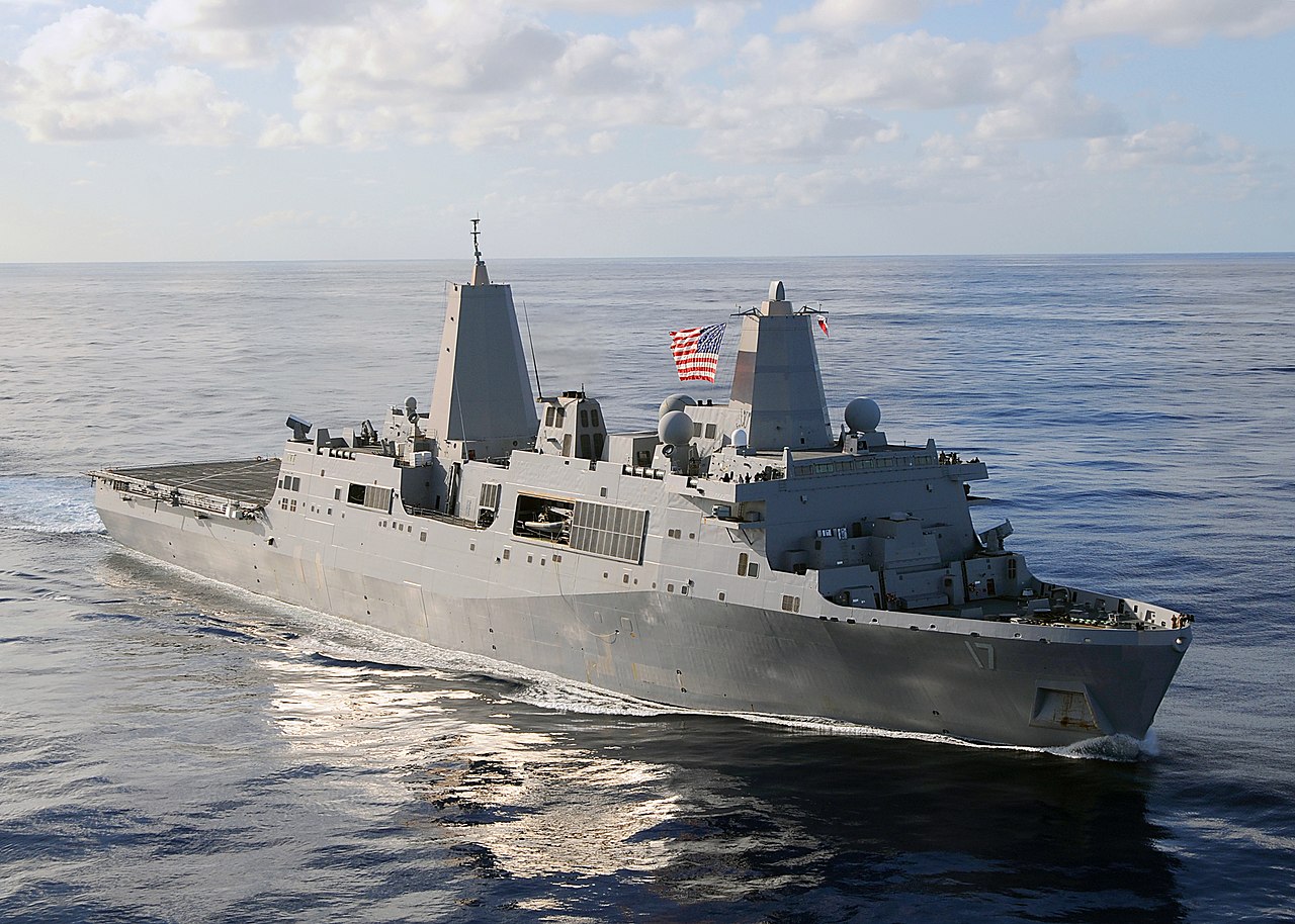 080906-N-1082Z-254 ATLANTIC OCEAN (Sept. 06, 2008) ñ The amphibious transport dock ship USS San Antonio (LPD 17) transits the Atlantic Ocean. San Antonio is deployed as part of the Iwo Jima Expeditionary Strike Group (ESG) in support of maritime security operations in the Navy's 5th and 6th Fleet areas of responsibility. The Iwo Jima ESG is made up of San Antonio; the amphibious assault ship USS Iwo Jima (LHD 7); the guided-missile cruiser USS Vella Gulf (CG 72); the guided-missile destroyer USS Ramage (DDG 61); the amphibious dock landing ship USS Carter Hall (LSD 50); all homeported at Norfolk, Va.; the guided-missile destroyer USS Roosevelt (DDG 80), homeported at Mayport, Fla.; and the fast attack submarine USS Hartford (SSN 768), homeported at Groton, Conn. US Navy photo by Mass Communication Specialist 2nd Class Jason R. Zalasky (Released)